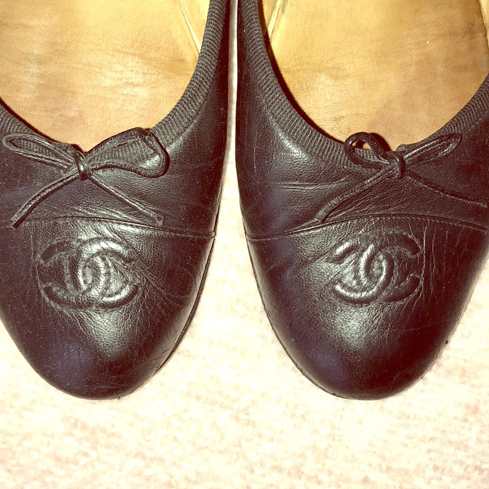 Black Leather Chanel Flats